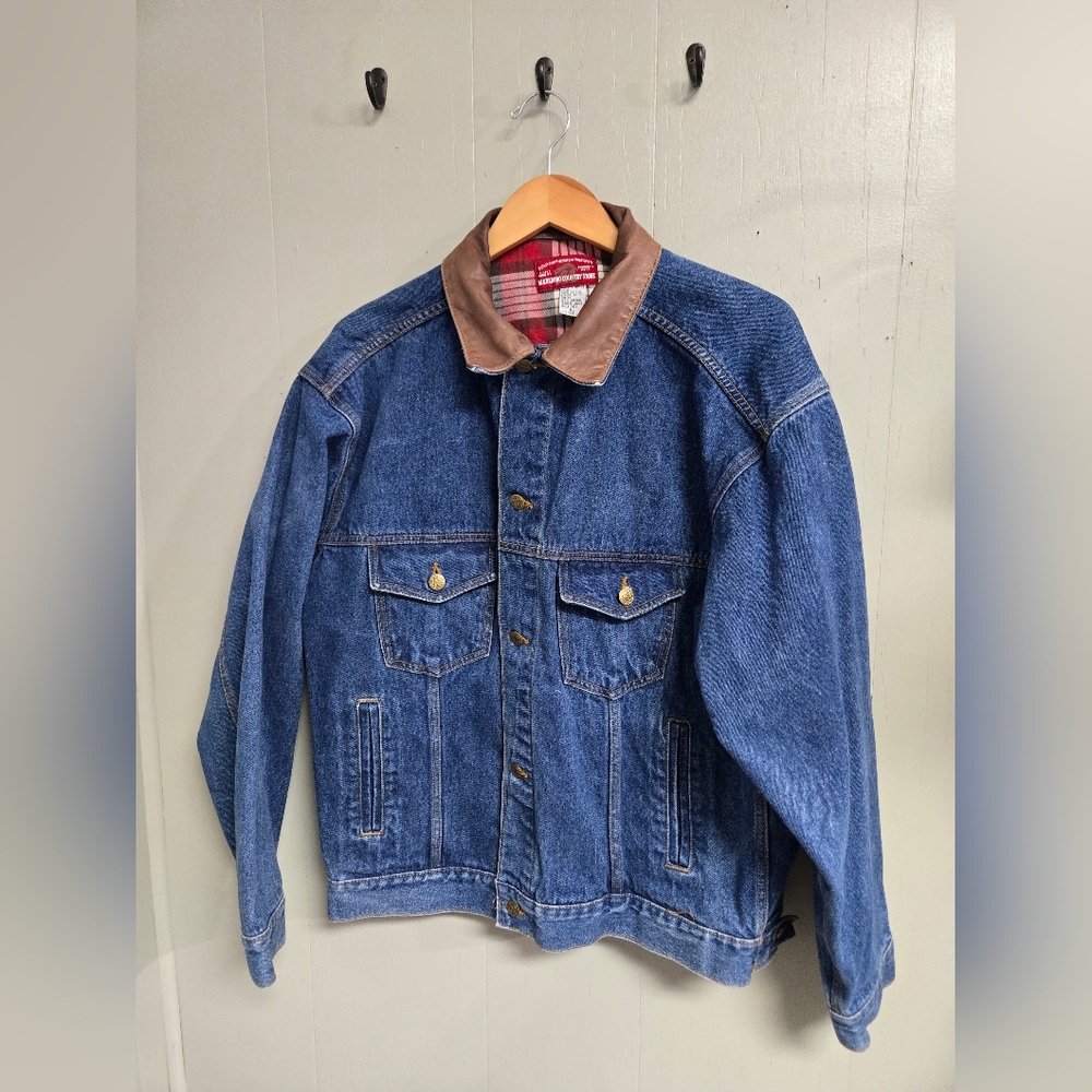 Vintage Marlboro Country Store Blue Denim Jacket with Brown Leather Collar XL